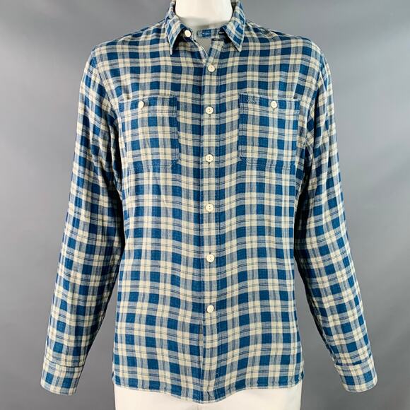 RRL by RALPH LAUREN Size XL Blue Cream Plaid Cotton Long Sleeve Shirt - Picture 1 of 10
